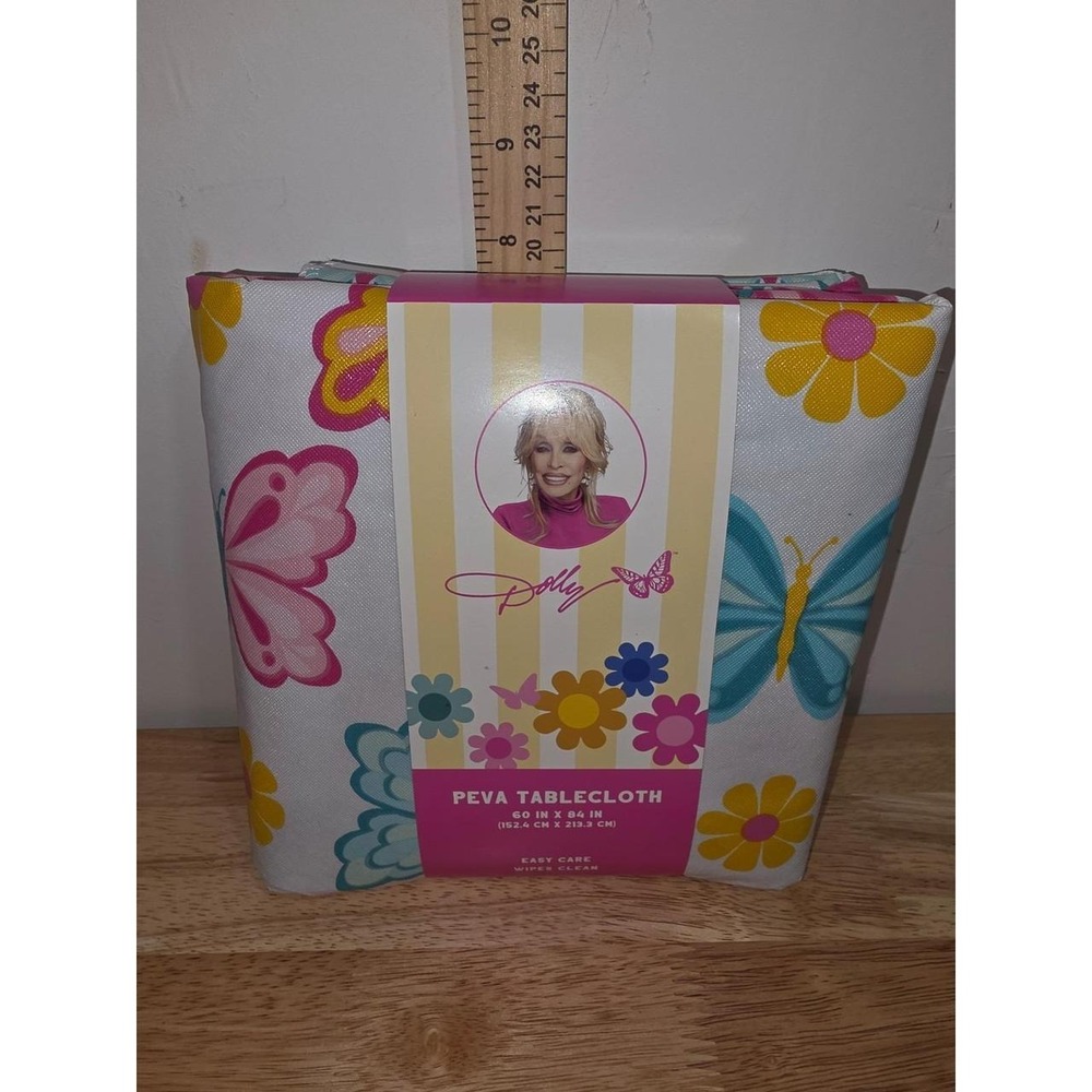 Dolly Parton printed PEVA tablecloth colorful butterfly and floral pattern
